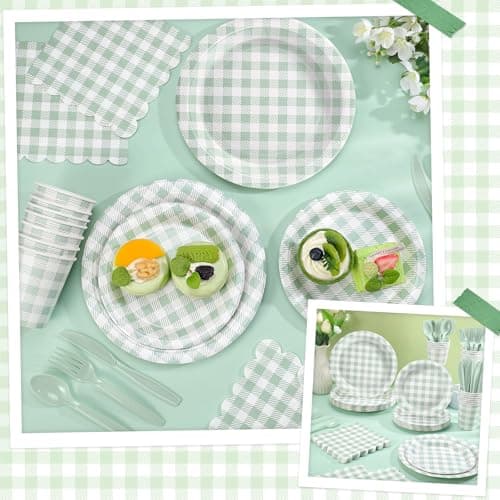 NatNarr 175 Pcs Gingham Paper Plates, Sage Green Baby Shower Decorations Include Sage Green Plates and Napkins Disposable Checkered Dinnerware Set for Bridal Shower, Wedding, Birthday - Thumbnail 5