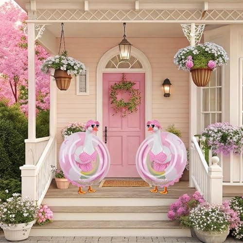yuboo Summer Porch Goose Outfit Bikini Goose Outfits, Pink Easter Geese Outfits Clothes Costume with Sunglasses Swim Ring for 23in Summer Spring Porch Goose Outdoor Statues - Thumbnail 3
