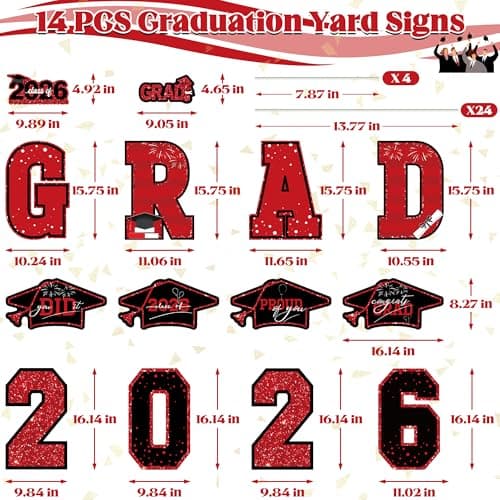 14 PCS 2026 Graduation Decorations, Large Congrats Grad 2026 Yard Signs with Stakes, Class of 2026 Glitter Plastic Congratulations Graduate Grad Lawn Yard Signs for College School Grad Party - Thumbnail 2