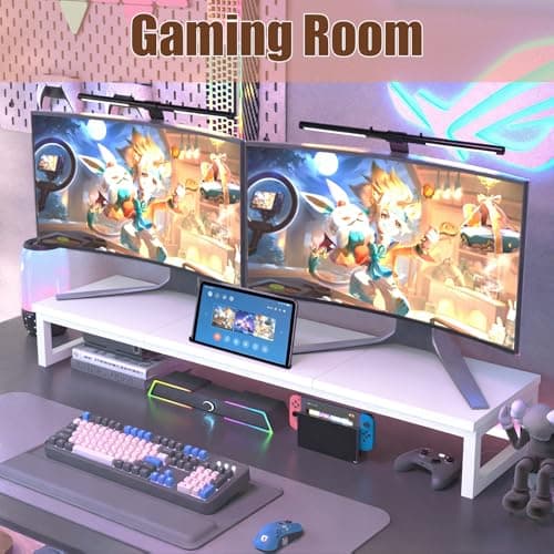 huacz Dual Monitor Stand Riser, 38.7'' Long Wood and Steel Monitor Stand for 2 Monitors, Ergonomic Desktop Organizer with Tablet Stand for Computer,Laptop,TV (White) - Thumbnail 3