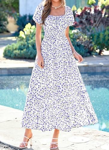 BTFBM Summer Dress for Women 2026 Spring Floral Short Sleeve Casual Flowy A-Line Smocked Tiered Maxi Dresses Pockets(Floral White Blue, X-Large) - Thumbnail 2