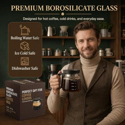 Coffee Pot Mug with Lid,16 Oz Glass Mini Coffee Cup | Spill Proof Heatproof Large Capacity Clear Travel Mug & Novelty Gift for Coffee Lovers & Office Desk (Coffee Pot-1 PCS) - Thumbnail 6
