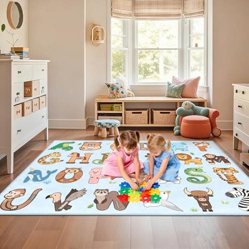 FTBNIQWRHN Kids Rugs for Playroom - 3x5 Feet ABC Alphabet Rug for Kids Room Educaitonal Learning Animal, Preschool Rug for Children Toddler Bedroom Nursery Kindergarten Decor, Blue - Thumbnail 3