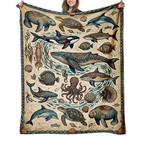 Vintage Ocean Marine Life Throw Blanket Gift Nautical Whale Shark Turtle Octopus Decor Soft Cozy Fleece Flannel Blanket for Couch Sofa Bed, Warm Blanket for Adults Kids Ocean Lovers Presents, 50"x60"