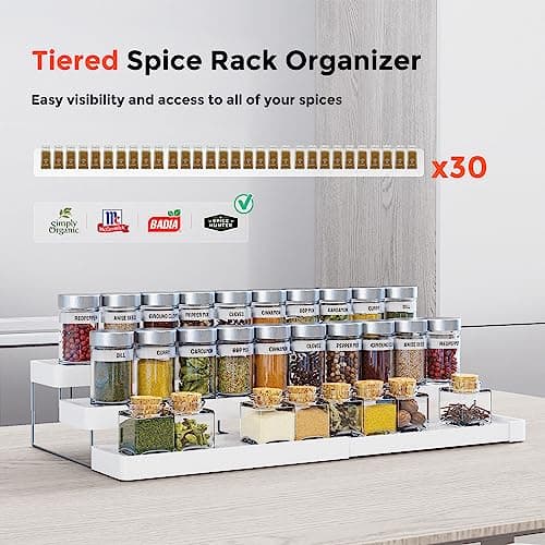 INVOCOO 2 Pack Expandable Spice Rack Organizer for Cabinet - 3 Tier Adjustable Cabinet Spice Organizer Easy Visibility - Spice Organizer for Cabinet Countertop Cupboard Pantry Organization (White) - Thumbnail 3