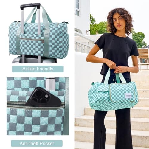 WOOMADA Foldable Travel Duffel Bag with Shoes Compartment, Overnight Bag with Wet Pocket & Trolley Sleeve, Weekender Bags for Women (turquoise checkerboard) - Thumbnail 6