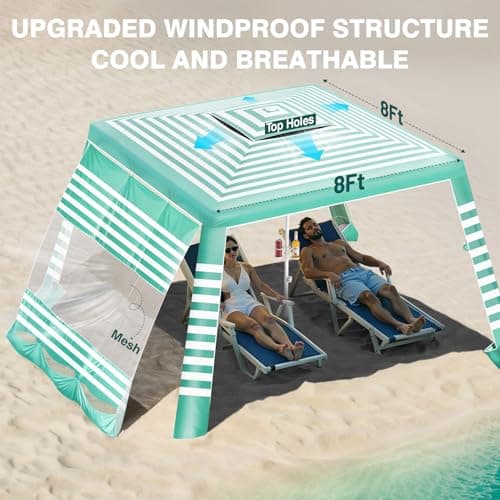 Rhino Valley Beach Cabana, 8 * 8FT Beach Tent UPF50+ Protection, Easy Setup Beach Canopy Wind Resistant with Cup Holder, Compact Beach Shade Foldable Beach Tent Sun Shelter, Green White - Thumbnail 2