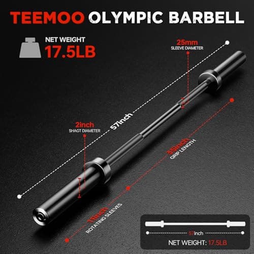 TEEMOO Olympic Barbell Bar, 57" Barbell Bar with 2 Spring Collars, Strength Training bars, Bench Press bar for Weight Lifting, Squat, Hip Thrusts, Biceps, 500lb Weight Capacity, E-Coat Finish for 2 inch Weight Plates (Black) - Thumbnail 2