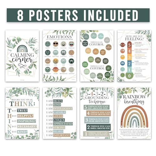 Hadley Designs 8 Calming Corner Posters for Classroom Must Haves -Calm Down Corner Supplies with Emotions Chart,School Counselor Mental Health Poster, Feelings Chart For Kids, Greenery Classroom Decor - Thumbnail 3