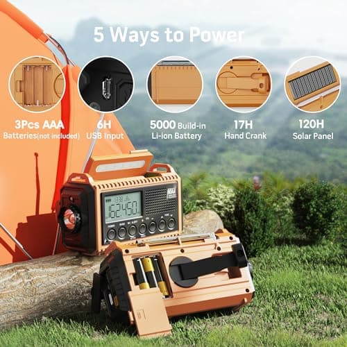 5000 Emergency Weather Radio with AM/FM/NOAA/SW, 5 Ways Powered Solar Hand Crank Alert Radio with LCD Display&SOS, Portable Radio with Cellphone Charger, Flashlight, Reading Lamp, Headphone Jack - Thumbnail 4