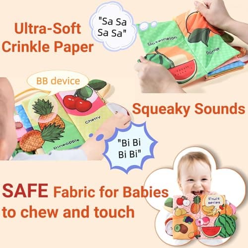 chochumy Baby Crinkle Books 0-6-12 Months, Infant Soft Cloth Tummy Time Toy for Babies 0-3-4-5-7-8-9-12-18 Month Old, Newborn Girl Boy Gifts Touch Feel Sensory Fruit Travel Book Easter Basket Stuffers - Thumbnail 3
