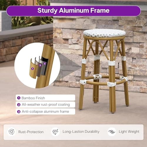 PURPLE LEAF Patio Round Counter Height Stool Set of 2 Outdoor Backless Barstools Aluminum Frame in Bamboo Finish with White & Gray Woven Rattan for Indoor Kitchen Dining Bistros Cafe Restaurant - Thumbnail 5