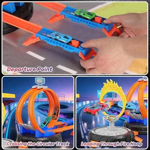 Toy Car Race Track Set for Kids Ages 4-8, Stunt Tire-Shaped Case Transforms into Race Course, 6 Cars in 1:64 Scale, 2 Ways to Play, Action Loop Cyclone Challenge & Speed Snap Track - Thumbnail 2