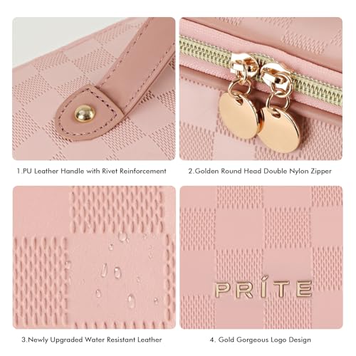 Prite Makeup Bag for Women Travel Waterproof Vegan Leather Cosmetic Bag Open Flat Toiletry Bag With Clear Divider and Handle (Plaid Pink, Medium) - Thumbnail 5