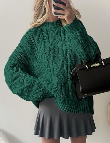 PRETTYGARDEN Women's Oversized Fall Sweaters 2026 Casual Long Sleeve Crewneck Chunky Cable Knit Pullover Tops Winter Clothes (Green,Small) - Thumbnail 6
