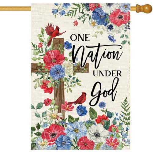 Baccessor Patriotic House Flag 28 X 40 Inch, Double Sided Burlap 4th of July Memorial Day Cross Floral Welcome Large Yard Flag for Porch Patio Seasonal Holiday Outdoor Outside Decor - Image 1