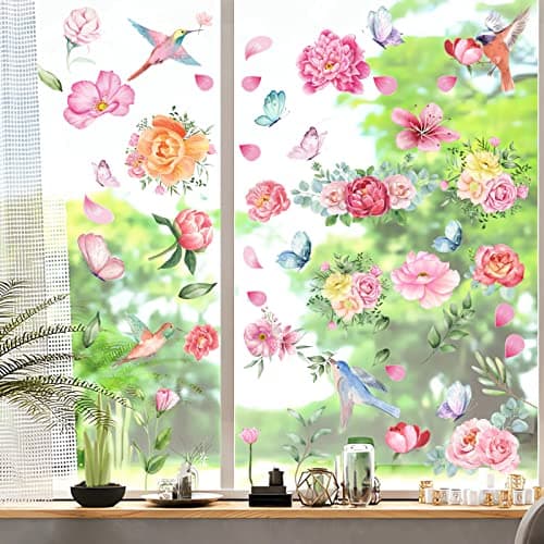 79 PCS Spring Window Clings,Spring Flower Window Clings for Glass Windows,Double-Sided Birds Floral Butterfly Window Stickers for Spring Decor (9 Sheets) - Thumbnail 2