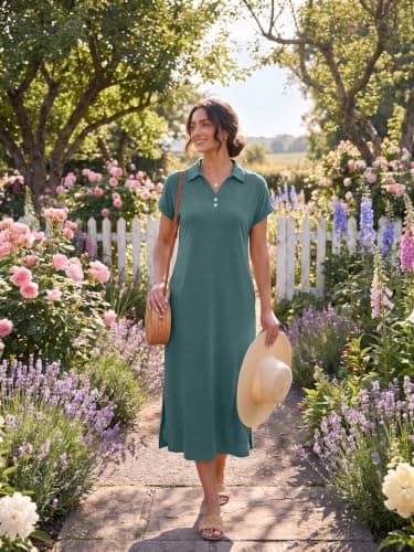 BEXIBOOM Women's T Shirt Maxi Dress, Summer Cap Sleeve V Neck Collared Casual Long Dress with Pockets, Side Split Vacation Dress Blue Gray-3XL - Thumbnail 3