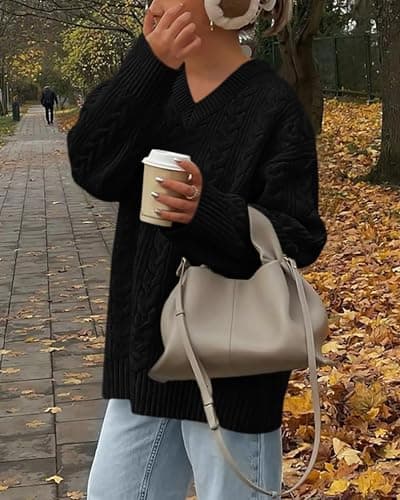 Okiwam Women's Oversized Sweaters Long Sleeve V Neck Cable Knit Pullover Tops Fall Outfits Spring Fashion Clothes 2026-XXL Black - Thumbnail 3