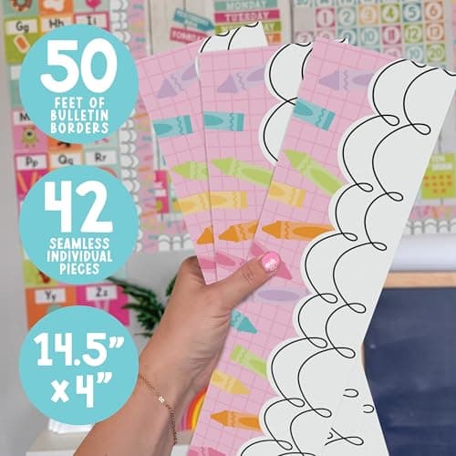 50ft Bulletin Board Borders Trim - Classroom Borders for Bulletin Board Decorations, Teacher Supplies for Classroom Decor Preschool, Kindergarten & Elementary, Pastel Scalloped Boarders - Thumbnail 4
