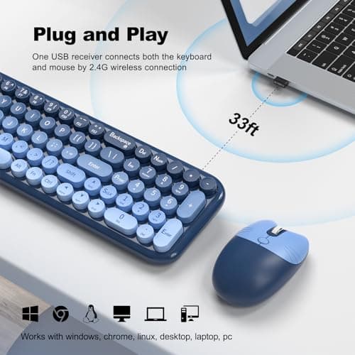 Wireless Keyboard and Mouse Combo, Typewriter Keyboard with Compact Size, Cute Cat Shaped Mouse, USB Plug and Play for Windows, Computer, PC, Laptop, Desktop (Blue Gradient) - Thumbnail 2