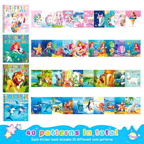 homicozy 4PCS Sticker Paint Books for Kids Ages 4-10,Unicorn Mermaid Animals Designs Paint By Stickers,Sticker By Numbers,Party Birthday Gifts for Girls 4-10,Create 40 Pictures One Stickers at A Time - Thumbnail 2