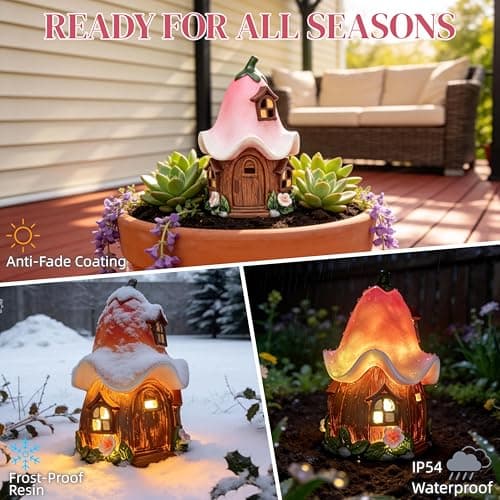 Solar Fairy Garden House, Whimsical Flower Cottage Fairy Figurines with Automatic Solar Lights, Hand-Painted Resin Garden Statue Unique Gift for Outdoor, Patio, Yard Art, Balcony, Porch Decor - Thumbnail 5