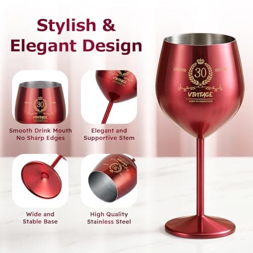 TJ 30th Birthday Gifts for Women Vintage Engraved Wine Glass - 30th Birthday Stainless Steel Wine Glass Birthday Decorations For Women, 30 Year Old Birthday Gifts for Sister Friends Wife Aunt, Red - Thumbnail 2