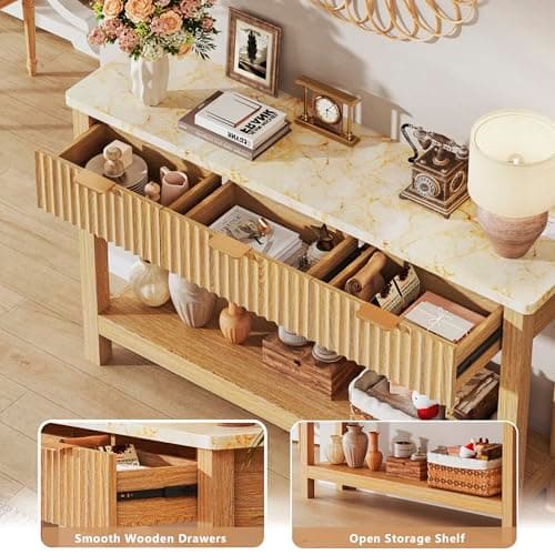HUAHUU 47.2" Fluted Console Table with 3 Drawers, Long Sofa Table with Storage Behind Couch, Modern Entryway Table with Power Outlet & Open Storage for Entrance/Hallway/Foyer/Living Room, Oak - Thumbnail 5