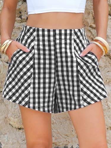 EXLURA Womens Boxer Shorts Summer Casual Cotton Gingham Shorts High Waist Plaid Y2K Beach Bottoms Vacation Outfits 2026 - Thumbnail 5