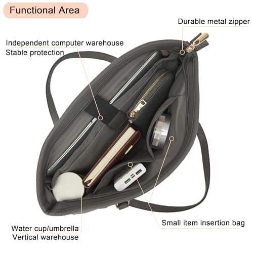 YZAOLL 15.6 Inch Laptop Tote Bag for Women,Water-resistant Vegan Leather with Anti-Scratch Padded Sleeve,Lightweight Multi-Pocket Work Bag for Business Travel,College,Office Essentials,DarkGrey - Thumbnail 6