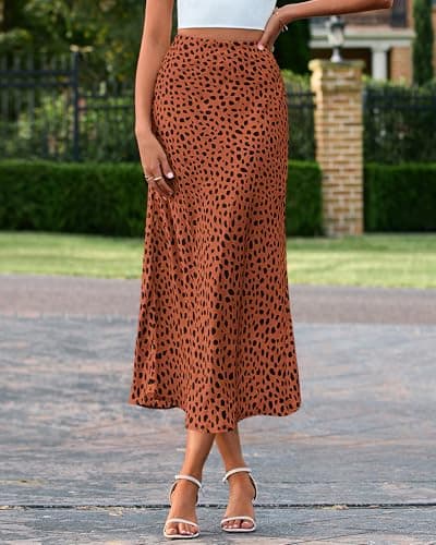 BTFBM Satin Skirts for Women Trendy Spring Summer 2026 High Waisted Leopard Print Cocktail Wedding Long Silk Midi Skirt(Dot Brick Red Black, Medium) - Thumbnail 2