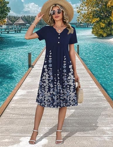 Zeagoo Sundresses for Women 2026 Midi Short Sleeve Summer Dress Casual Aline Floral Boho Dresses with Pockets V-Neck Sundress - Thumbnail 5