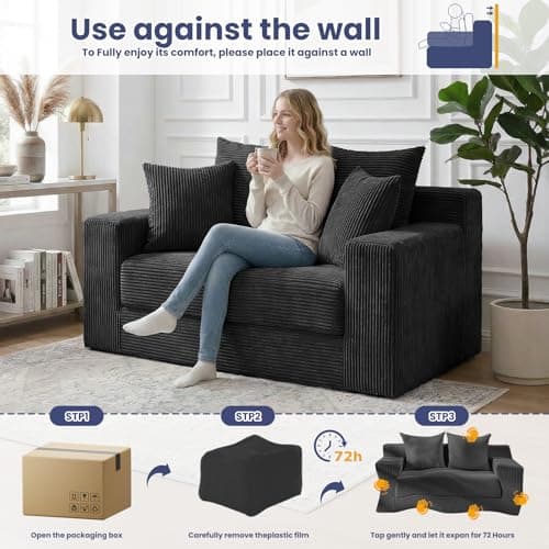 3-in-1 Convertible Sofa Bed: Boneless Loveseat Sleeper & Folding Couch Bed with 4 Pillows & Detachable Cushion for Bedroom, Small Space, Guest and Living Room, Corduroy Futon, No Assembly,Black - Thumbnail 4