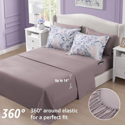 CASAAGUSTO Queen Comforter Set, 7 Pieces Bed in a Bag Queen Purple Iris Floral Comforter Set with Flowers Leaves Pattern, Soft Seersucker Design All Season Queen Size Bedding Set - Thumbnail 4