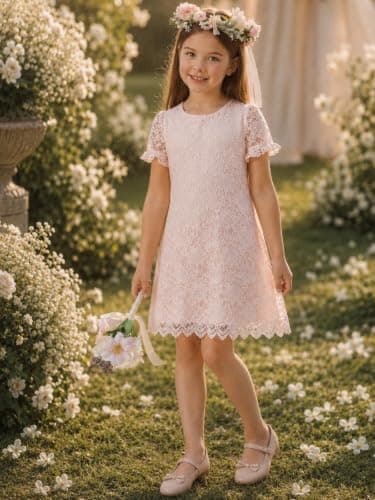 ALLOVIN Girls & Toddlers Graduation Soft Lace A-Line Short Sleeve Birthday Party Flower Girl Dress Wedding Communion | Pink | 4T - Thumbnail 2