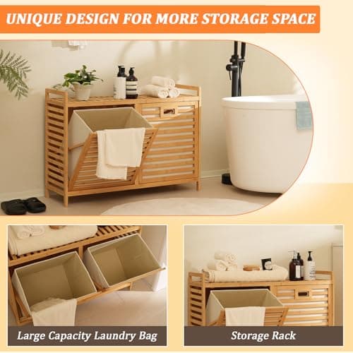 Baveke Bamboo Tilt Out Laundry Hamper with Shelves, Hidden Laundry Hampers with 2 Removable Bag, Pull Out Laundry Hamper Cabinet, Bathroom Storage Shelf for Laundry Room, FSC-Certified, Natural - Thumbnail 5