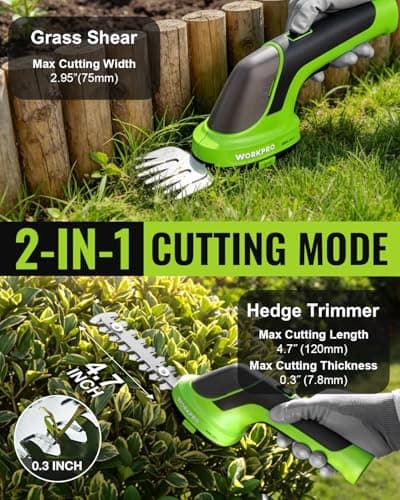 WORKPRO 3.6V Hedge Trimmer Cordless, 2-in-1 Electric Hedge Trimmer & Grass Cutter with 4.0Ah Removable Battery & Type-C Cable, Lightweight Bush Trimmer for Lawn & Garden - Thumbnail 2