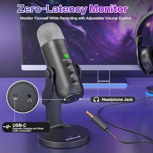ZealSound Wireless Microphone,USB Mic for iPhone PC iPad Android Phone-Cordless Condenser Desktop Microphones with Mute Echo Monitor Volume Gain 2.4GHz for Podcast,ASMR,Gaming,YouTube Video/K66 Black - Thumbnail 5