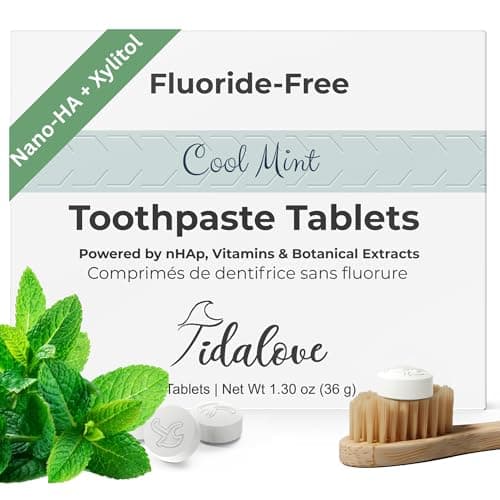 Tidalove Cool Mint Fluoride-Free Toothpaste Tablets with Nano Hydroxyapatite | Natural Whitening, Enamel Strengthening, Plastic-Free & Travel-Friendly (1 Month Refill) 62 Tablets