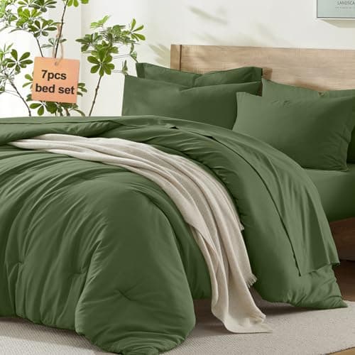 Homelike Moment California King Comforter Set 7 Piece, Olive Green Bed in a Bag Cal King Size Set Lightweight and Machine Washable - Image 1