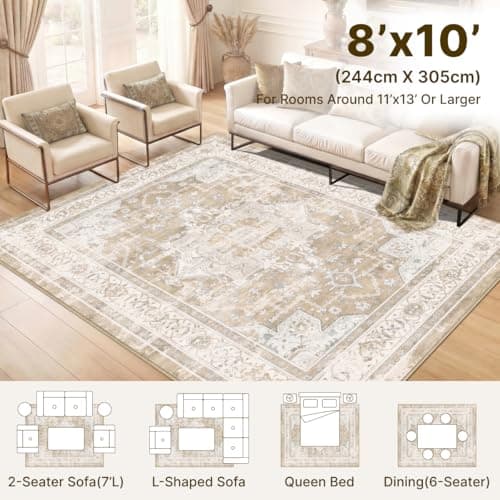 Vintage 8x10 Area Rugs Living Room: Washable Boho Large Neutral Vintage Soft Rug Stain Resistant Distressed Farmhouse Non-Slip Patterned Carpet for Bedroom Nursery Kids Office Dining Room-Beige Brown - Thumbnail 5