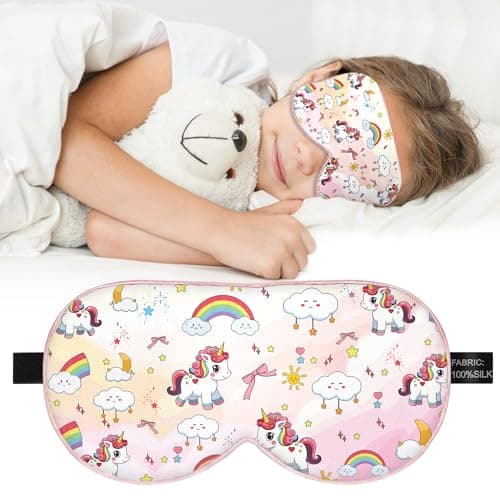 Kids Silk Sleep Mask: 100% Mulberry Silk Eye Mask with Adjustable Strap, Cute Sleeping Blindfold for Boys Girls Teens, Soft & Lightweight Eye Shade for Travel, Nap, Bedtime (Pink Horse Style) - Image 1