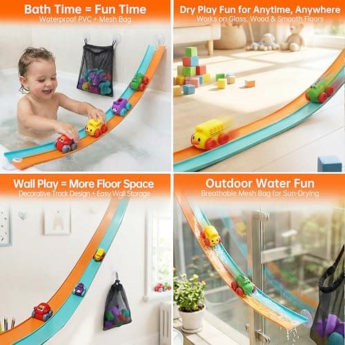 Resosese Race Car Bath Toys Set, 8-Piece Extra Long Flexible Bathtub Track Set with 4 Mini Cars, Suction Cups & Mesh Storage Bag, DIY Water Slide Toy Gift for Boys Girls Ages 3+ - Thumbnail 6