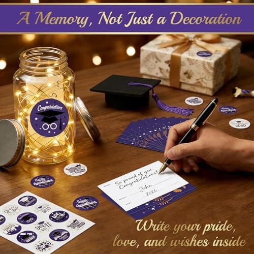 9 Pcs Graduation Centerpieces for Tables with LED Lights, Class of 2026 Graduation Tables Decorations, Mason Jar Style Table Decor with String Lights, Caps, Notes Cards, Stickers & Adhesive Spots - Thumbnail 2