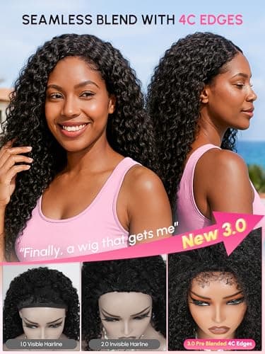 shangyinfa 24 Inch Water Wave Half Wig | Human Hair Glueless Design with Invisible Drawstring | Pre-Blended 4C Edges | 3B/3C Curl Pattern | 180 Density | Flip Over Style for Summer - Thumbnail 2