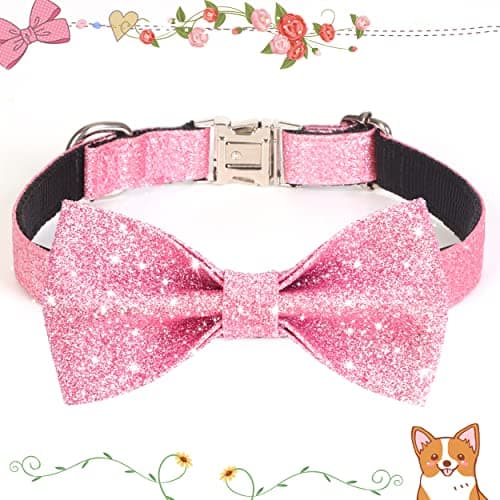 Jumpress Bling Dog Bow Tie Collar for Small Medium Dogs, Cute Pink Girl Dog Collar with Bow for Daily Walking or Holiday Party (Neck fit 13-19’’) - Thumbnail 2