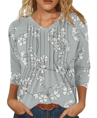 IEEILULU 3/4 Length Sleeve Womens Tops V Neck T Shirts Casual Pleated Tunic for Women Fashion Loose Blouses Gray L - Image 1