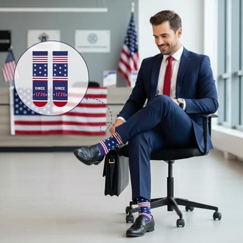 COZYMATE Funny Novelty American Flag Socks for Men Patriotic Merch Gifts for 250th Anniversary 4th of July Independence Day (US, Alpha, One Size, Regular, Regular, Red&Blue) - Thumbnail 2
