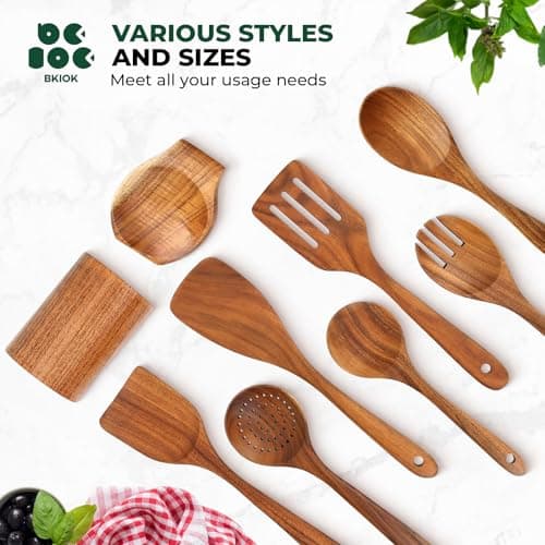 Bkiok Teak Wood Utensil Set, Wooden Utensils set for Kitchen Handmade Cooking Utensil Set with Spoon Rest and Utensils Holder (9Pcs) - Thumbnail 5